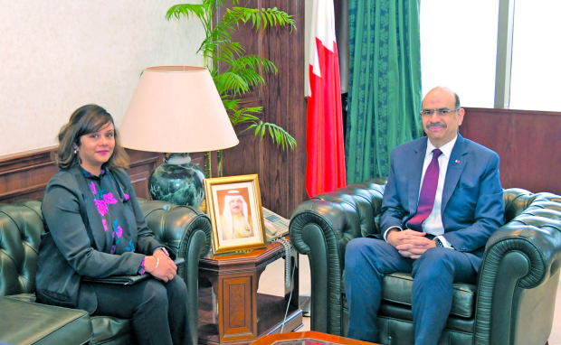 Legal Affairs Minister and acting Labour Minister Yousif Khalaf yesterday met International Organisation for Migration chief of mission to Bahrain Aishath Ihma Shareef. The meeting discussed co-operation and support for global efforts to combat trafficking in persons, in light of the kingdom’s successful experience in this field.